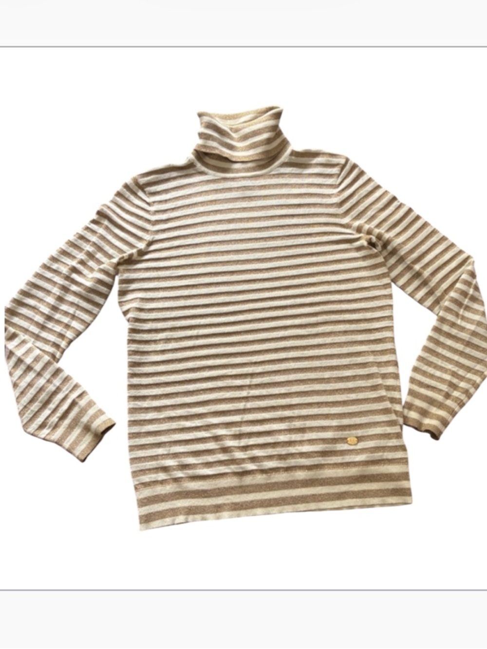 Cream and gold metallic striped turtleneck lightweight sweater size medium